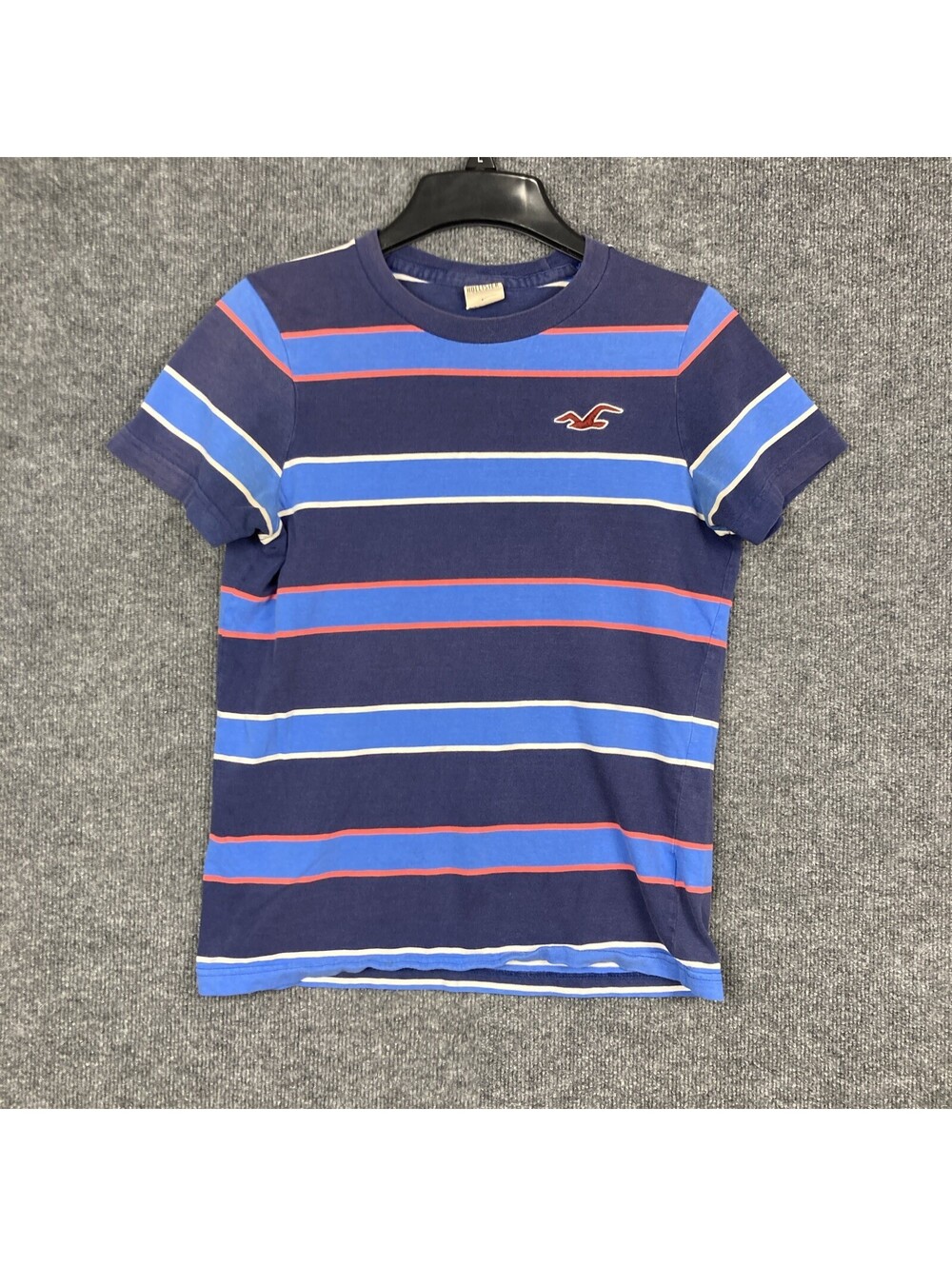 Hollister Mens Medium Navy Striped S/S Crew Neck Logo Shirt